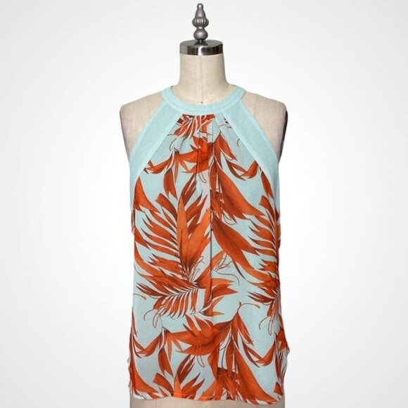H&M Chiffon Halter Tank Top Tropical Palm Leaf Print Aqua Orange 6 Small - Picture 3 of 10